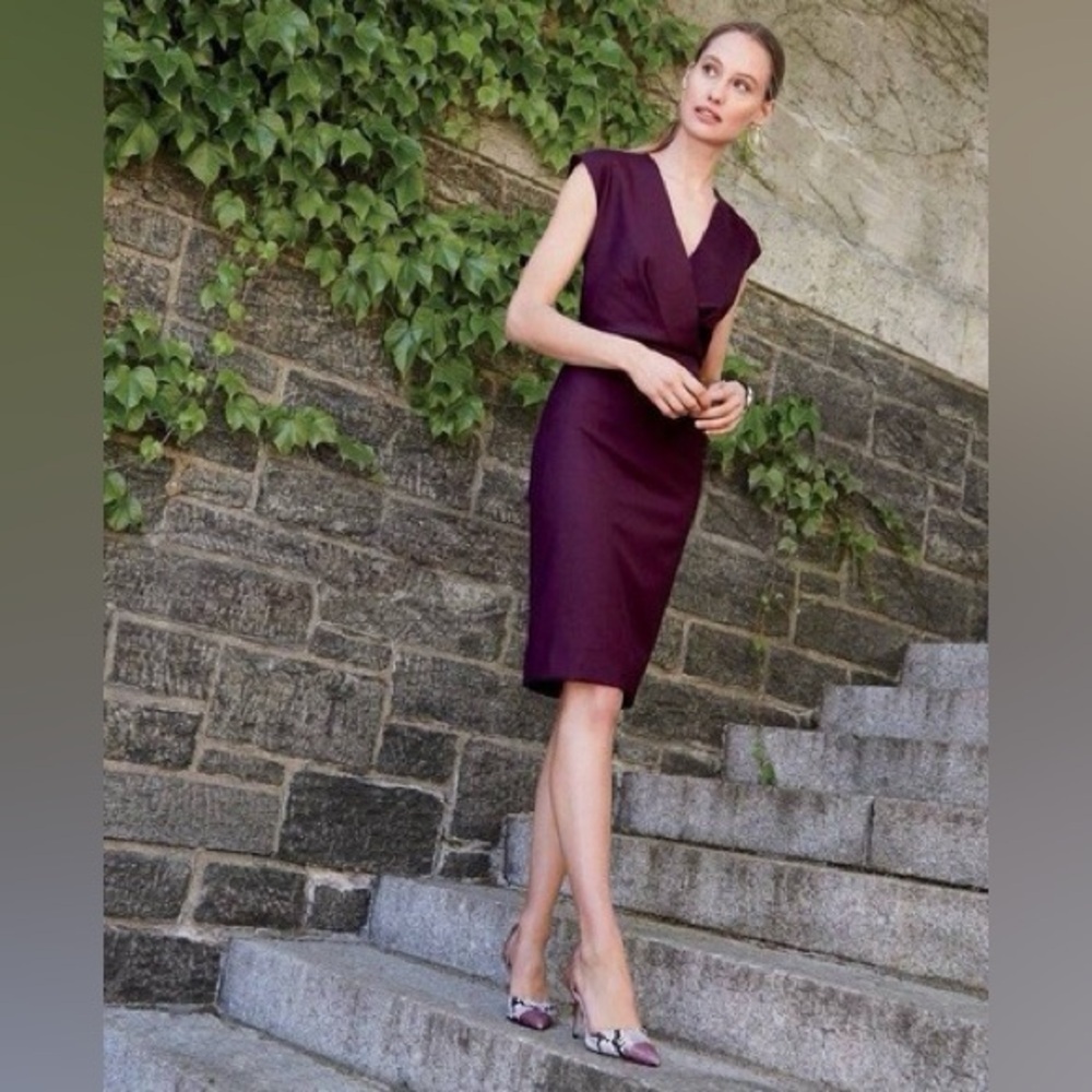 J. CREW V-Neck Midi Dress 100% Wool 0 XS Burgundy Wine Sheath Work Party Holiday
